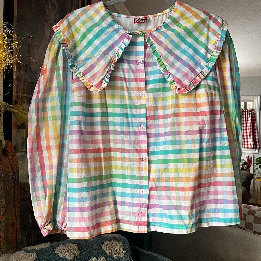 Golden Greed Rainbow Plaid Statement collar blouse UK 14 US 10 GUC